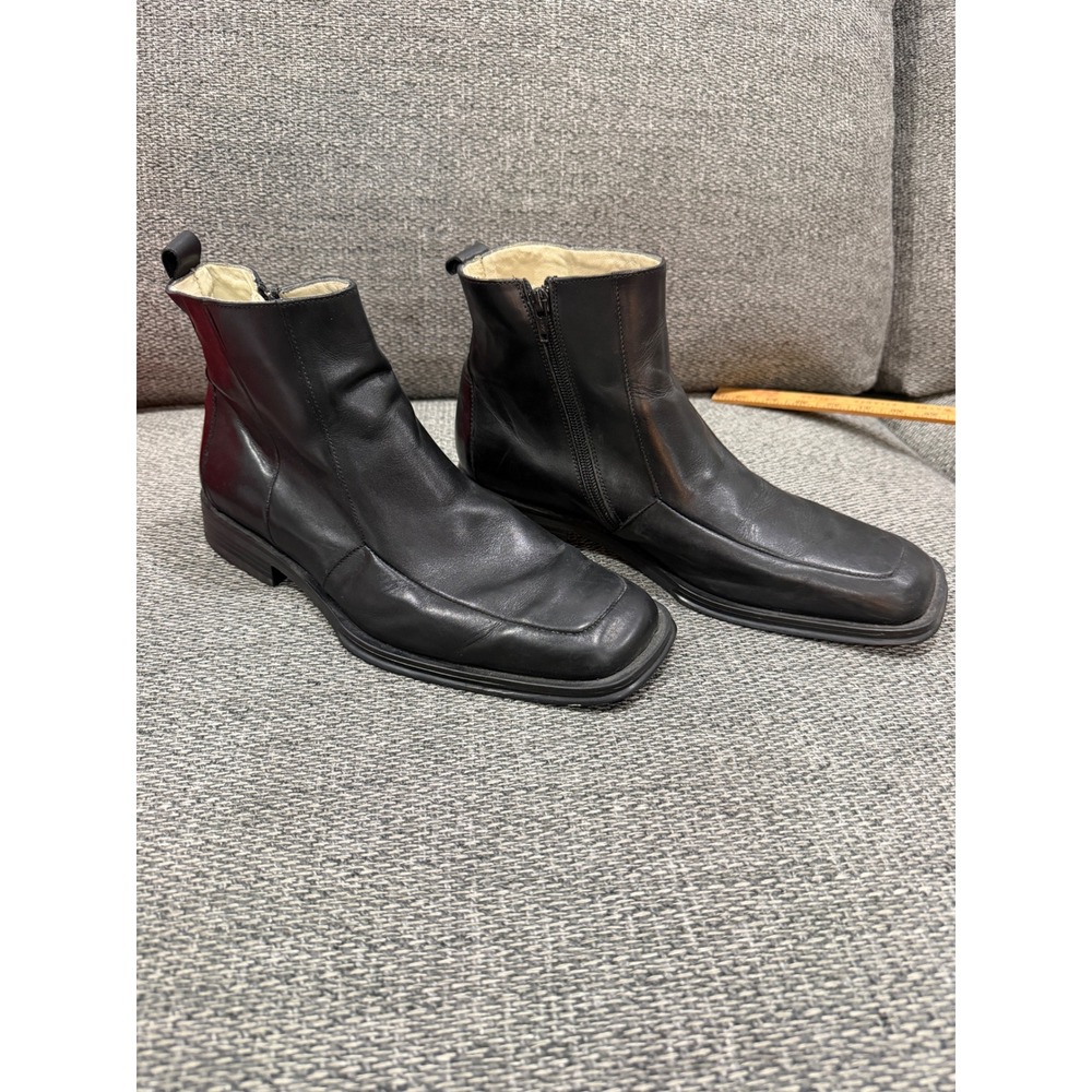 Kenneth Cole New York First Course Black Leather Square Toe Side Zip Boots 10.5
